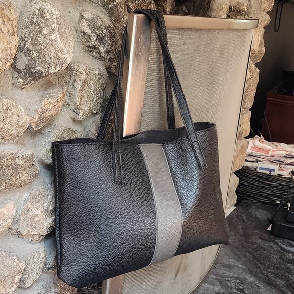 Vince Camuto Black/Gray Pebbled Leather Tote Bag - Picture 3 of 15